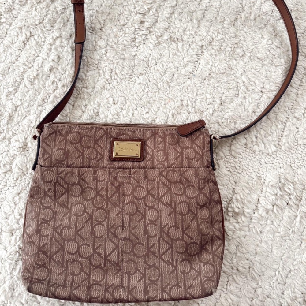 Calvin Klein Brown Monogram Crossbody Bag with Adjustable Strap